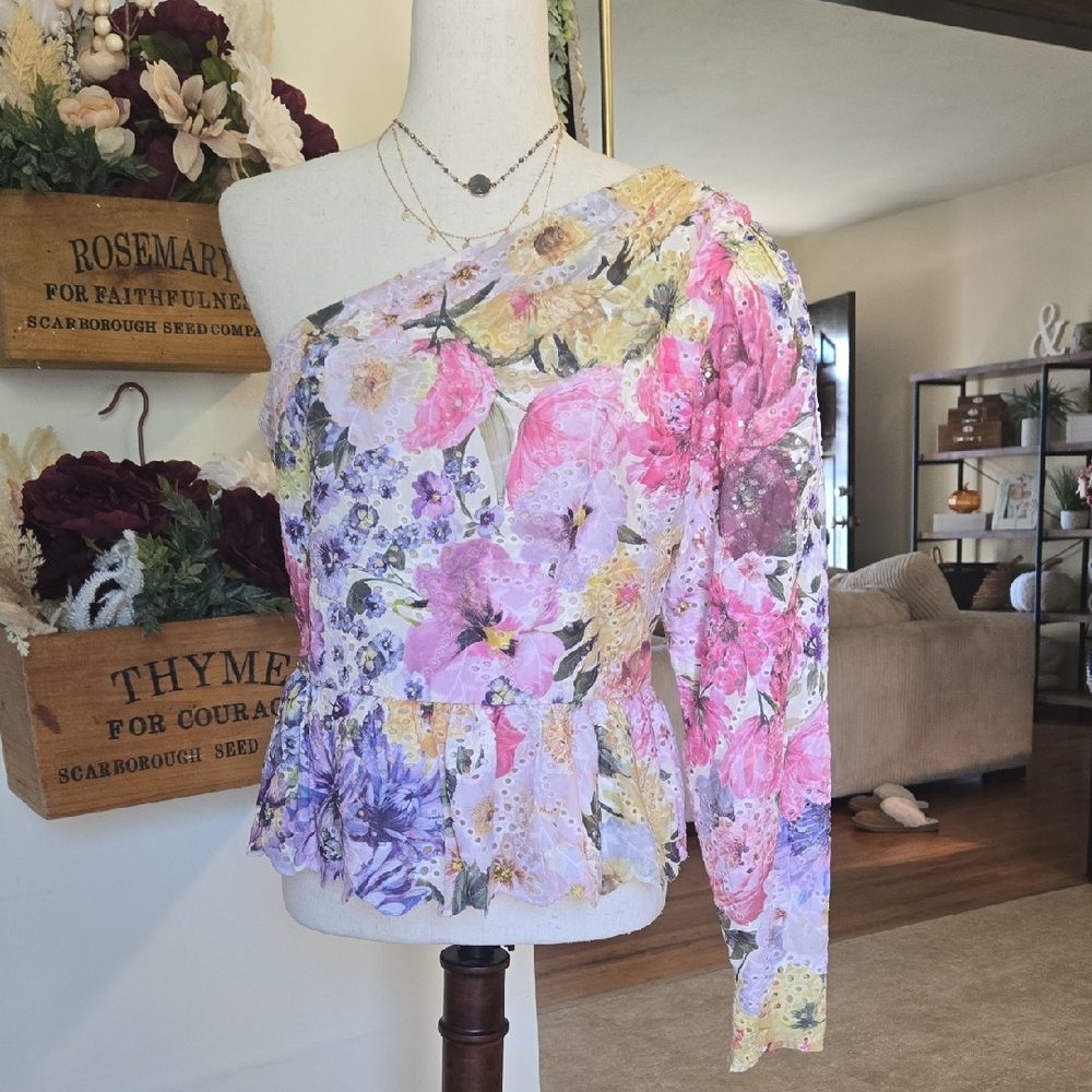 Express Floral One-Shoulder Blouse in Pink and Purple